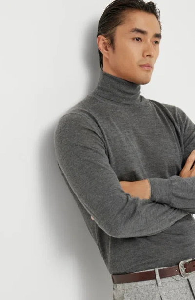 Brunello Cucinelli Wool Turtleneck Sweater With Ribbed Cuffs And Hem In Gray