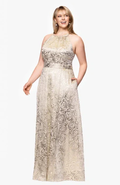 Betsy & Adam Rose Crinkle Foil Sleeveless Gown