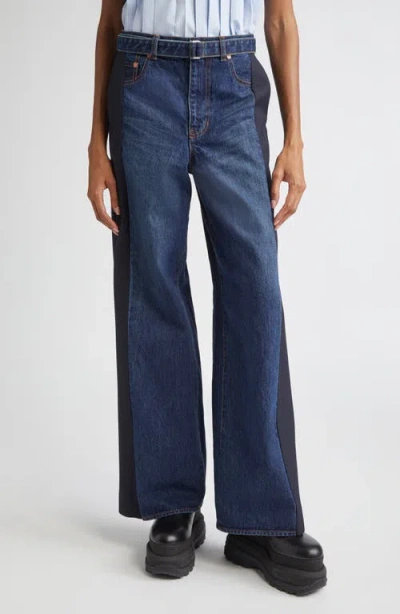Sacai Mixed Media Belted Wide Leg Jeans