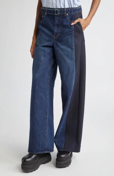Sacai Mixed Media Belted Wide Leg Jeans