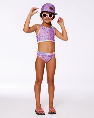 Deux Par Deux Little Girl's Printed Two-piece Swimsuit Old Mauve And Multicolored Butterflies In Purple