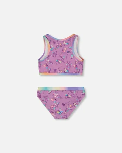 Deux Par Deux Little Girl's Printed Two-piece Swimsuit Old Mauve And Multicolored Butterflies In Purple