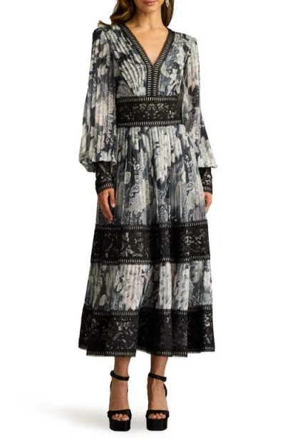 Tadashi Shoji Floral Lace Detail Metallic Thread Long Sleeve Cocktail Midi Dress