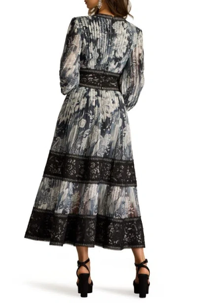 Tadashi Shoji Floral Lace Detail Metallic Thread Long Sleeve Cocktail Midi Dress
