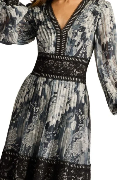Tadashi Shoji Floral Lace Detail Metallic Thread Long Sleeve Cocktail Midi Dress