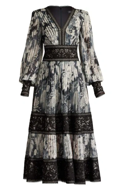 Tadashi Shoji Floral Lace Detail Metallic Thread Long Sleeve Cocktail Midi Dress