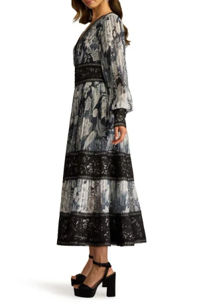 Tadashi Shoji Floral Lace Detail Metallic Thread Long Sleeve Cocktail Midi Dress
