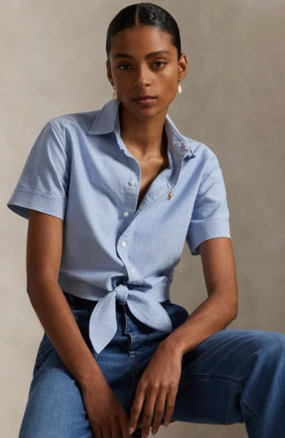 Polo Ralph Lauren Tie-front Cropped Oxford Shirt In Blue