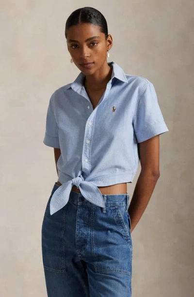 Polo Ralph Lauren Tie-front Cropped Oxford Shirt In Blue