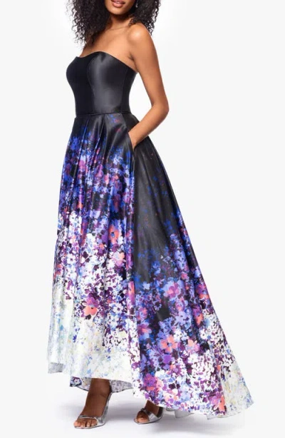 Betsy & Adam Ombré Floral Strapless High Low Ball Gown