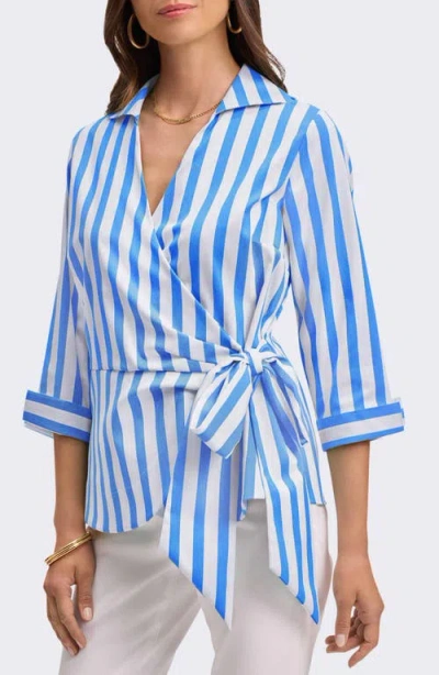 Foxcroft Salina Stripe Cotton Blend Wrap Shirt In Blue