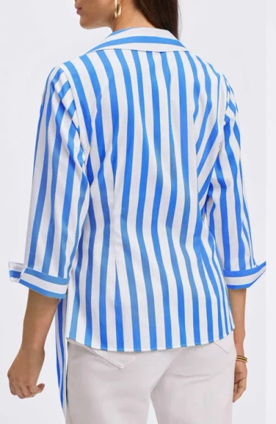 Foxcroft Salina Stripe Cotton Blend Wrap Shirt In Blue