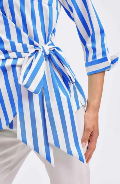 Foxcroft Salina Stripe Cotton Blend Wrap Shirt In Blue