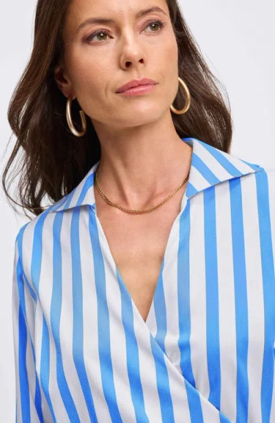 Foxcroft Salina Stripe Cotton Blend Wrap Shirt In Blue