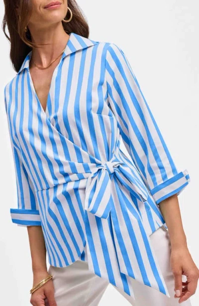 Foxcroft Salina Stripe Cotton Blend Wrap Shirt In Blue