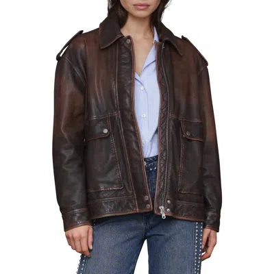 Avec Les Filles Pieced Back Leather Bomber Jacket In Brown
