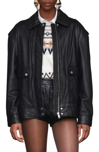 Avec Les Filles Pieced Back Leather Bomber Jacket In Black