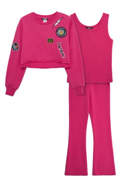 Truce Kids' Appliqué Sweatshirt, Tank & Flare Leg Sweatpants Set In Pink