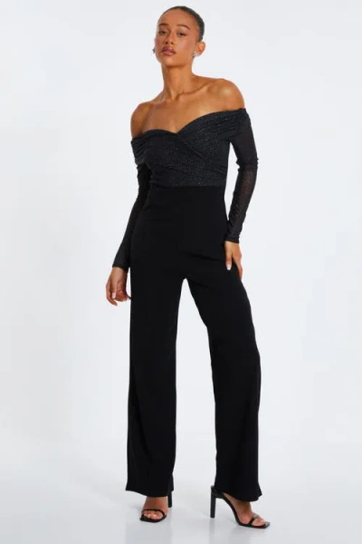 Quiz Glitter Mesh Bardot Scuba Crepe Palazzo Jumpsuit