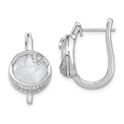 Diamond2deal 14k White Gold Dia. & Moonstone Moon & Star Hinged Hoop Earrings