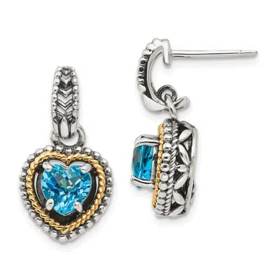 Diamond2deal Sterling Silver With 14k Accent Antiqued Blue Topaz Heart Dangle Earrings