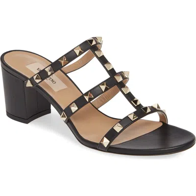 Valentino Garavani Rockstud Calfskin Leather Slide Sandal 60 Mm Woman Marine 39 In Black