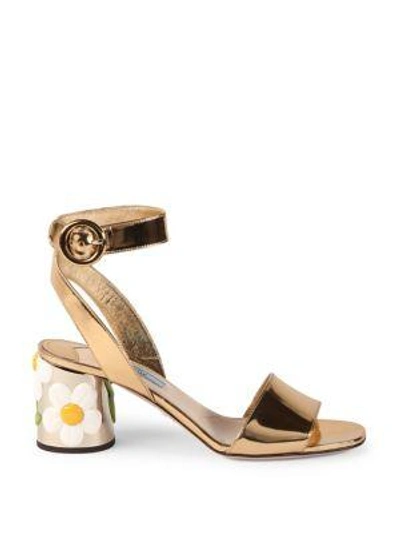 Prada Flower-heel Metallic Leather Ankle-strap Sandals In Metallic Gold |  ModeSens