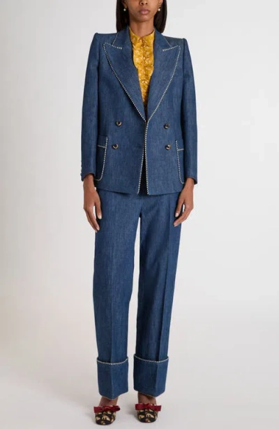 Valentino Double-breasted Chambray Blazer In Blue