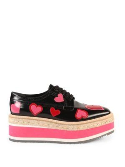 Shop Prada Heart Leather Brogue Platform Oxfords In Black-rosa