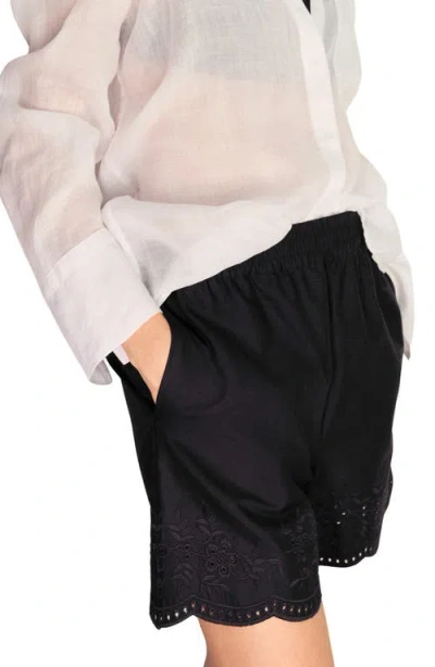Mango Satin Shorts With Embroidered Hem Black In Black