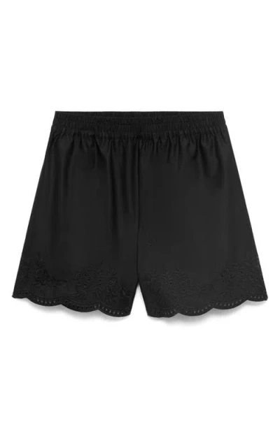 Mango Satin Shorts With Embroidered Hem Black In Black