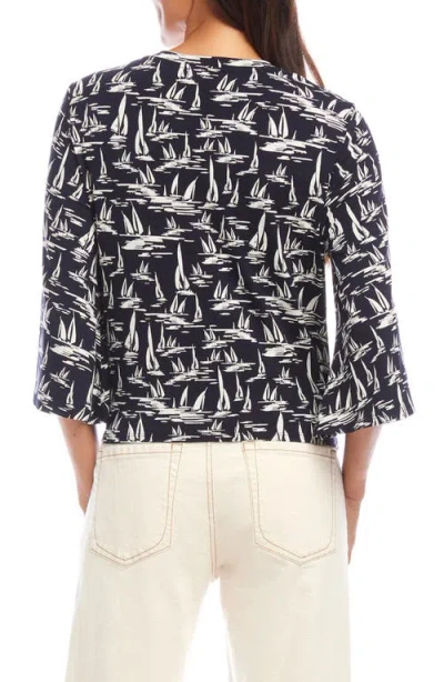 Karen Kane Flare Sleeve Drape Front Top In Navy Cream In Black