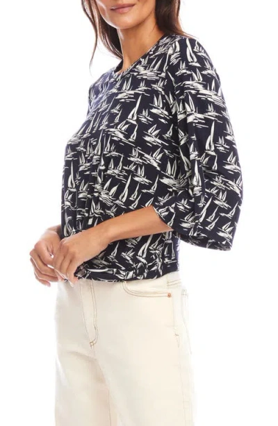 Karen Kane Flare Sleeve Drape Front Top In Navy Cream In Black