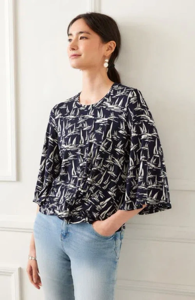 Karen Kane Flare Sleeve Drape Front Top In Navy Cream In Black