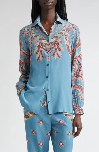 Etro Paisley Print Silk Shirt In Blue