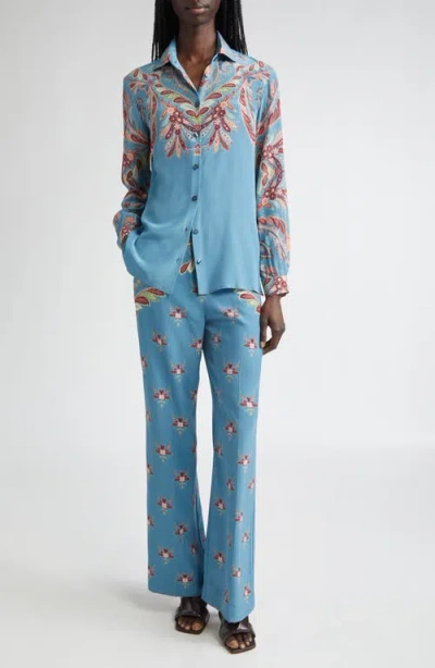 Etro Paisley Print Silk Shirt In Blue