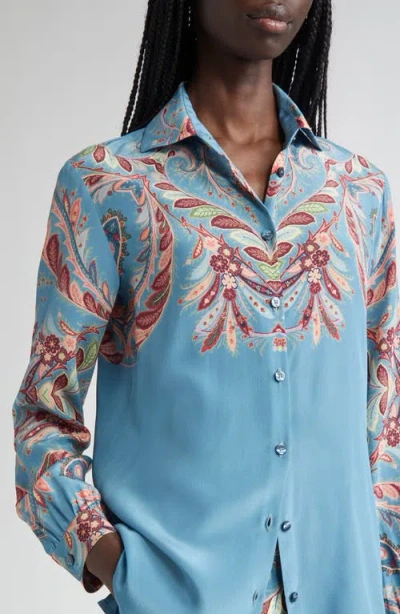 Etro Paisley Print Silk Shirt In Blue