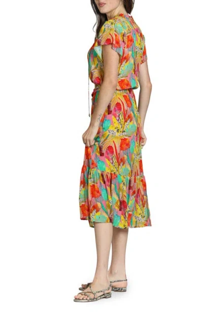 Apny Print Short Sleeve Midi Dress In Multi