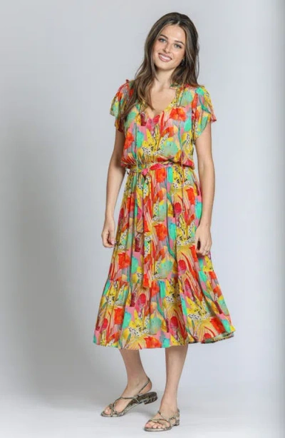 Apny Print Short Sleeve Midi Dress In Multi
