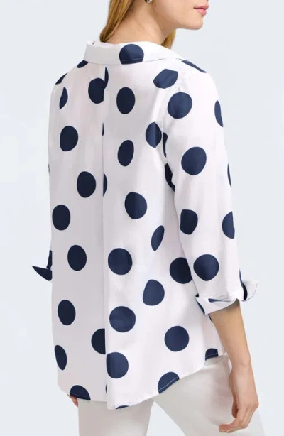 Foxcroft Agnes Dot Print Three-quarter Sleeve Cotton Popover Top In White