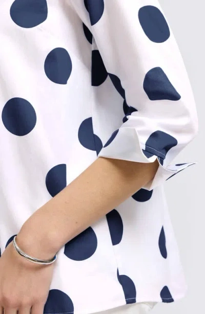 Foxcroft Agnes Dot Print Three-quarter Sleeve Cotton Popover Top In White