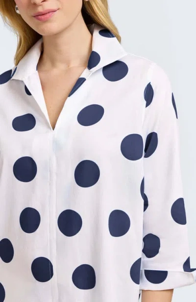 Foxcroft Agnes Dot Print Three-quarter Sleeve Cotton Popover Top In White