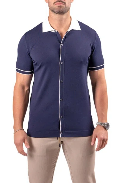 Maceoo Tipped Knit Short Sleeve Button-up Shirt In Blue