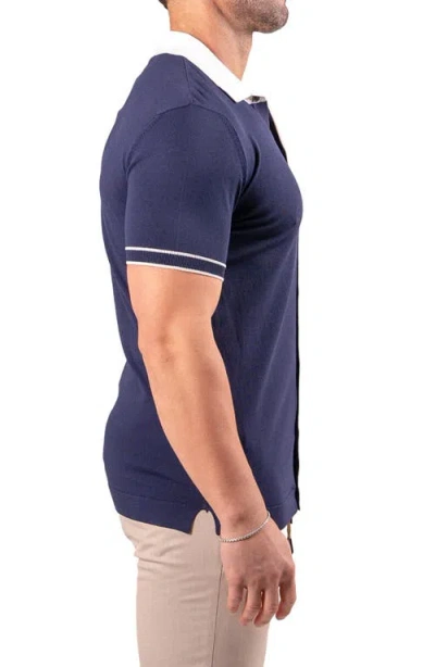 Maceoo Tipped Knit Short Sleeve Button-up Shirt In Blue