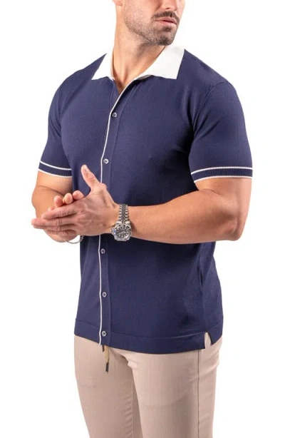 Maceoo Tipped Knit Short Sleeve Button-up Shirt In Blue