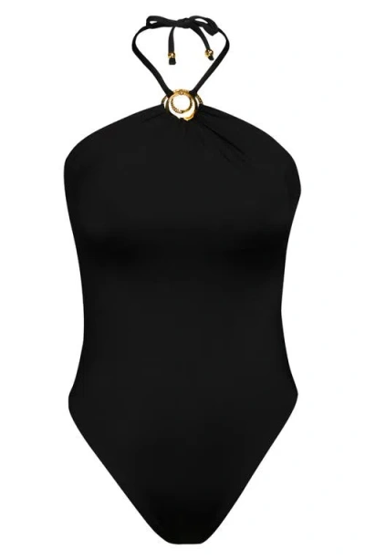 Sunshine 79 Solids Halter Neck One-piece Swimsuit In Black