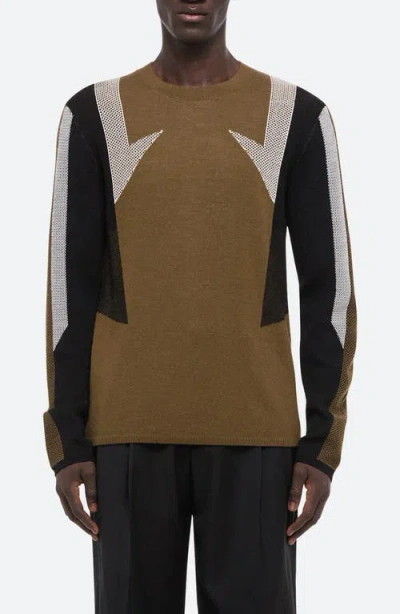 Helmut Lang Sport Mesh Inset Merino Wool Crewneck Sweater In Brown