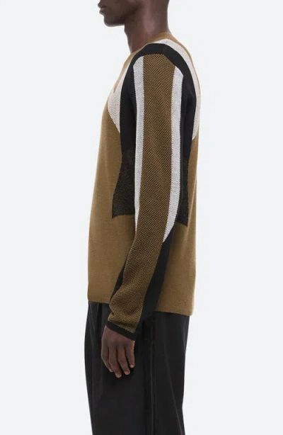 Helmut Lang Sport Mesh Inset Merino Wool Crewneck Sweater In Brown