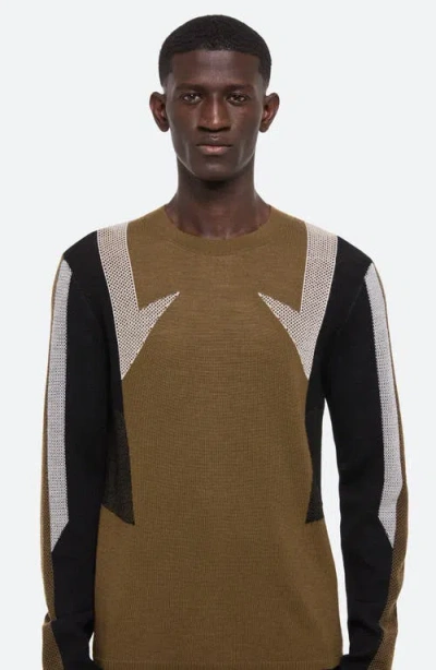 Helmut Lang Sport Mesh Inset Merino Wool Crewneck Sweater In Brown
