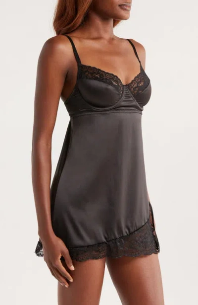 Coquette Ever After Stretch Satin Chemise In Black